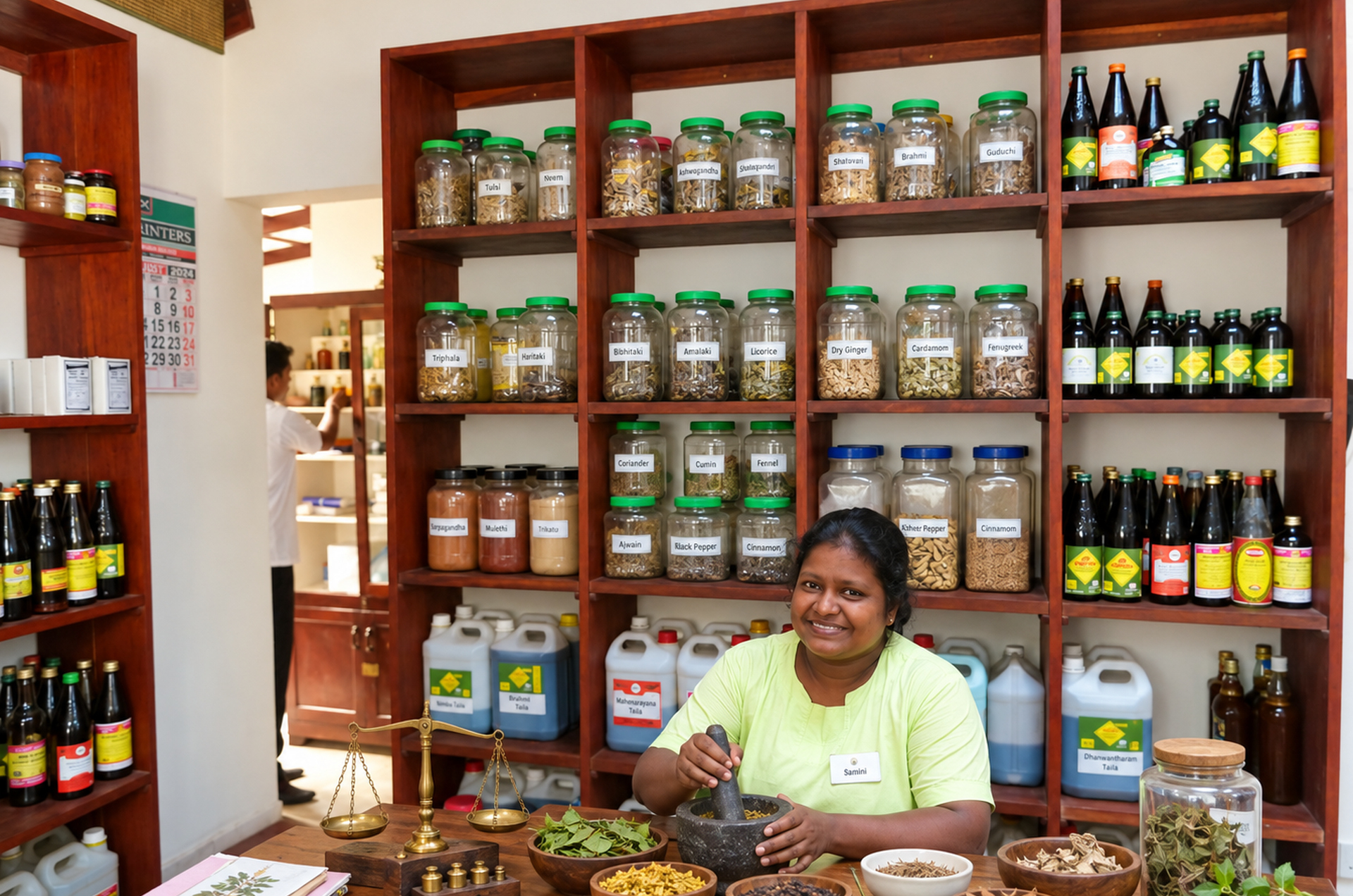 Die Ayurveda-Apothekerin Sama bereitet die Medizin für die Gäste des Lanka Ayurveda Garden auf Sri Lanka zu.